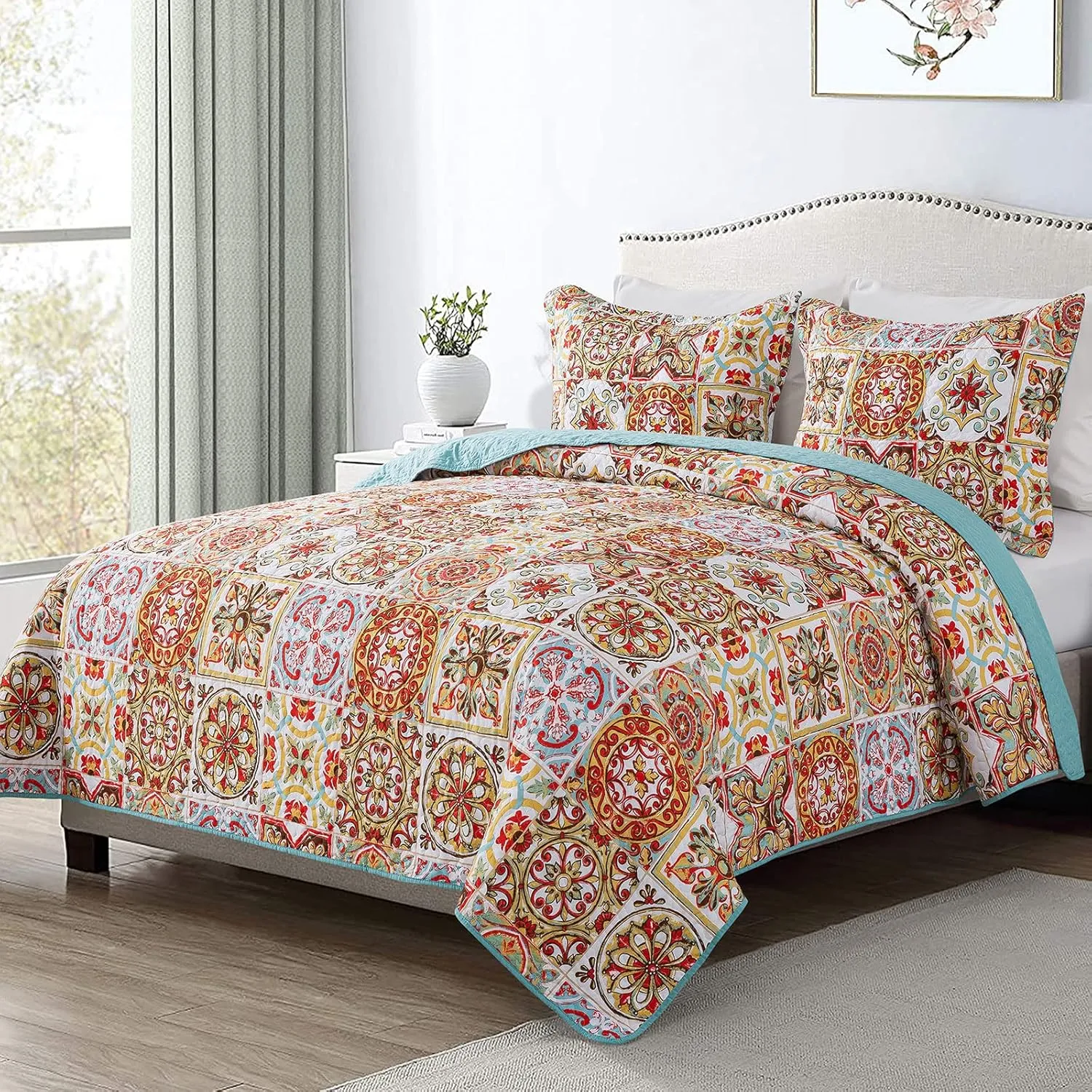 HoneiLife Bedspread Quilt Set King - 3 Piece Microfiber Bedspreads Luxurious Coverlet Lightweight Bedcover Warm Bedding Set All Season Quilts-Moroccan,Cyan & Red