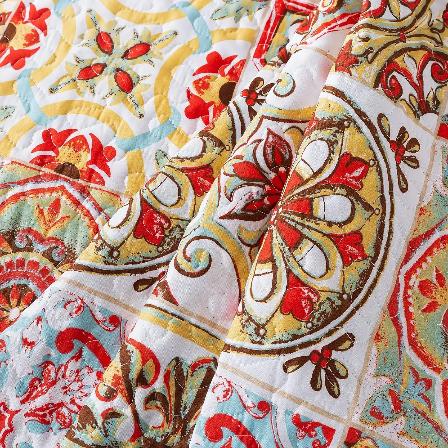 HoneiLife Bedspread Quilt Set King - 3 Piece Microfiber Bedspreads Luxurious Coverlet Lightweight Bedcover Warm Bedding Set All Season Quilts-Moroccan,Cyan & Red