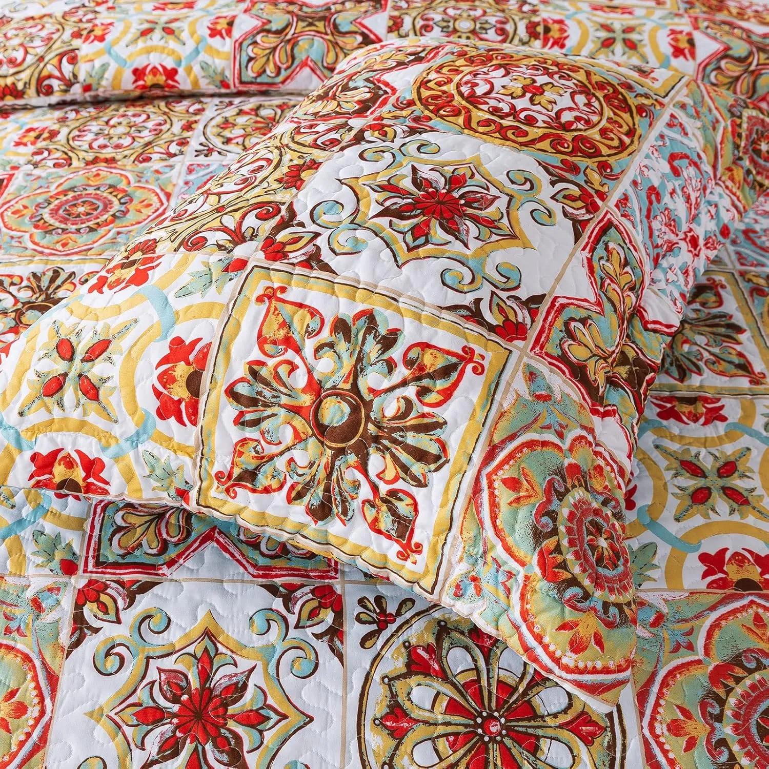 HoneiLife Bedspread Quilt Set King - 3 Piece Microfiber Bedspreads Luxurious Coverlet Lightweight Bedcover Warm Bedding Set All Season Quilts-Moroccan,Cyan & Red