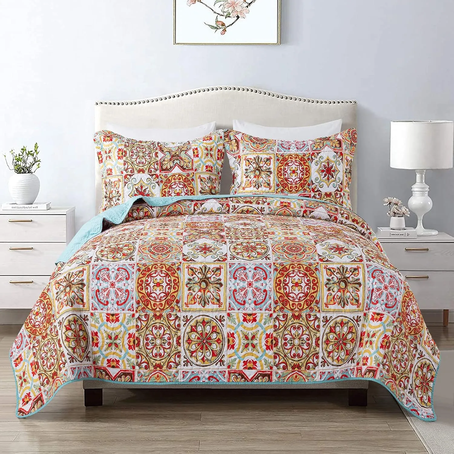 HoneiLife Bedspread Quilt Set King - 3 Piece Microfiber Bedspreads Luxurious Coverlet Lightweight Bedcover Warm Bedding Set All Season Quilts-Moroccan,Cyan & Red