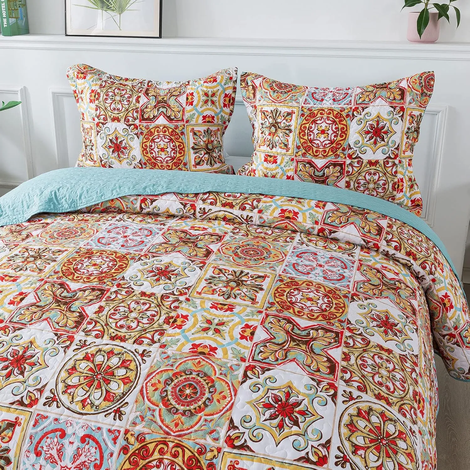 HoneiLife Bedspread Quilt Set King - 3 Piece Microfiber Bedspreads Luxurious Coverlet Lightweight Bedcover Warm Bedding Set All Season Quilts-Moroccan,Cyan & Red