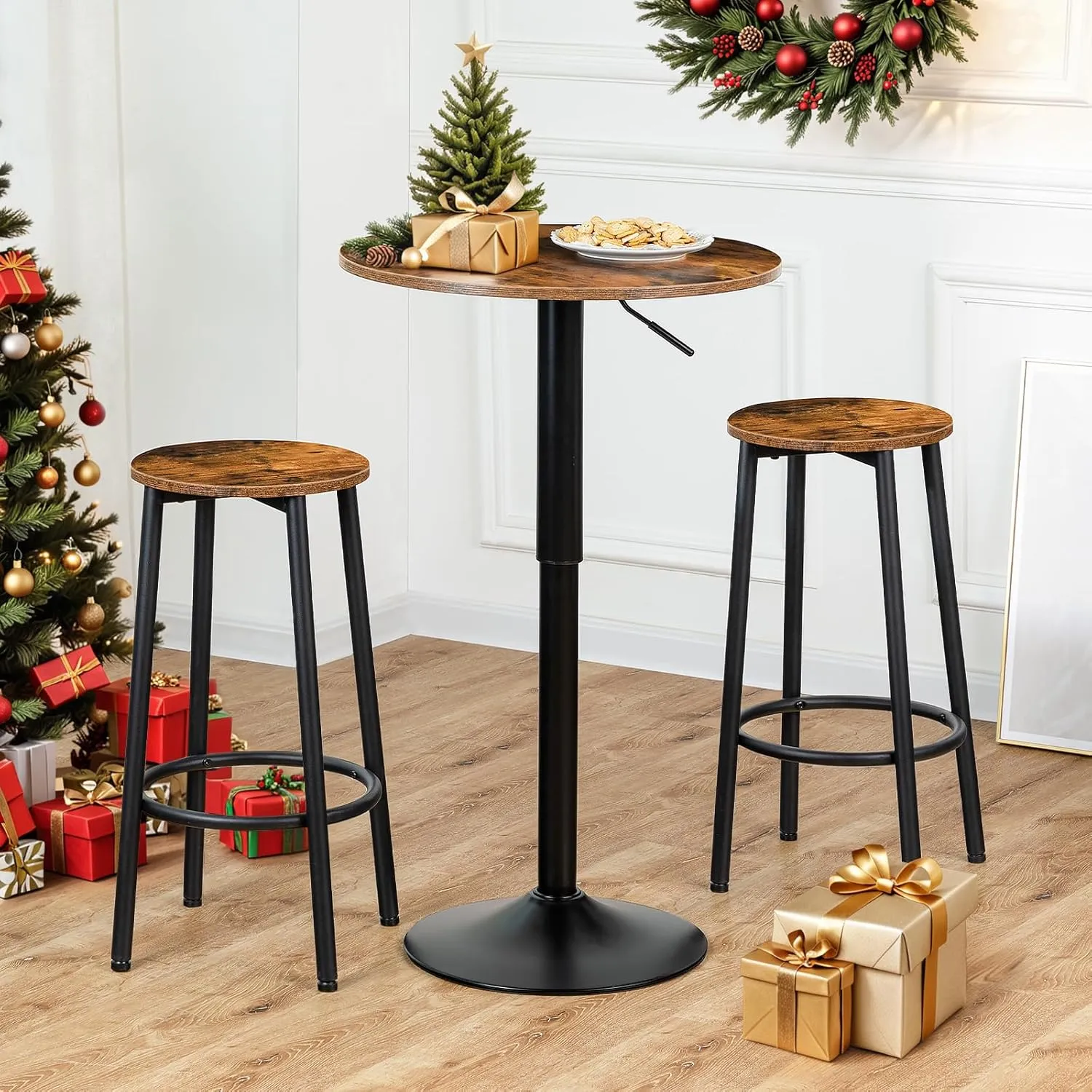 HOOBRO Bar Table, Height-Adjustable Round Pub Table 27-35.4 Inches with Sturdy Base, Modern Style, Easy to Assemble, Suitable for Small Space, Rustic Brown BF58BT01G1