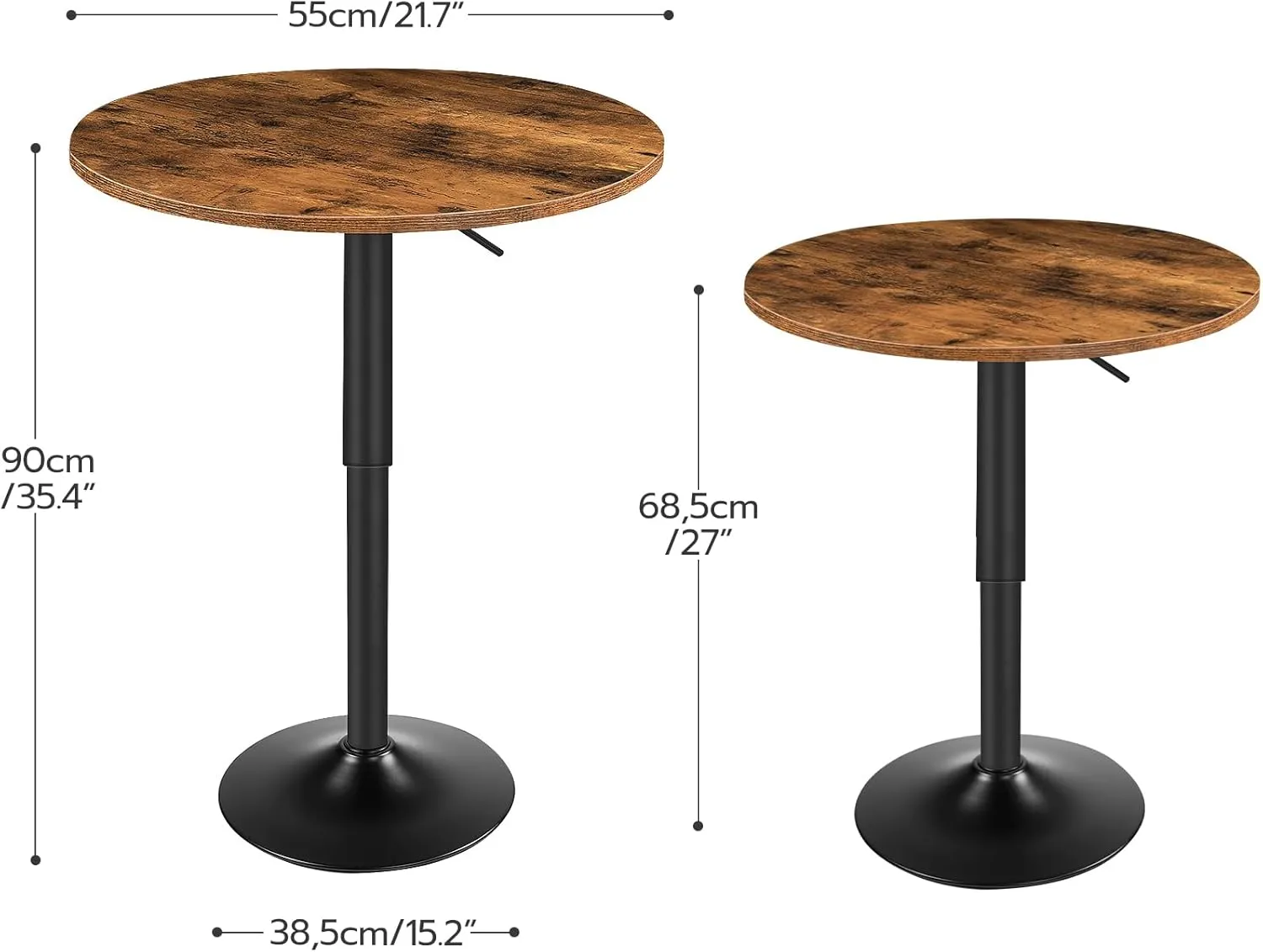 HOOBRO Bar Table, Height-Adjustable Round Pub Table 27-35.4 Inches with Sturdy Base, Modern Style, Easy to Assemble, Suitable for Small Space, Rustic Brown BF58BT01G1
