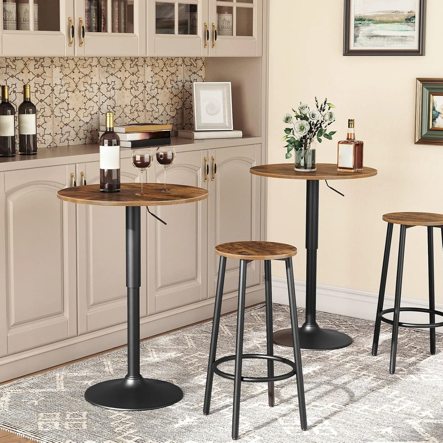 HOOBRO Bar Table, Height-Adjustable Round Pub Table 27-35.4 Inches with Sturdy Base, Modern Style, Easy to Assemble, Suitable for Small Space, Rustic Brown BF58BT01G1