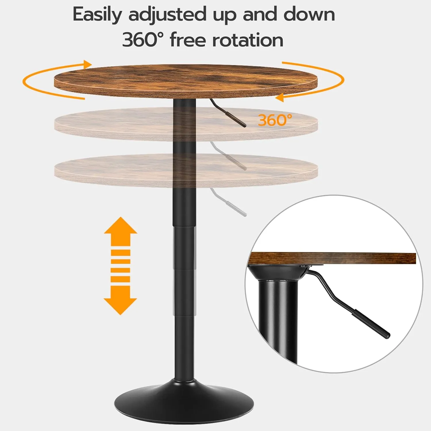 HOOBRO Bar Table, Height-Adjustable Round Pub Table 27-35.4 Inches with Sturdy Base, Modern Style, Easy to Assemble, Suitable for Small Space, Rustic Brown BF58BT01G1