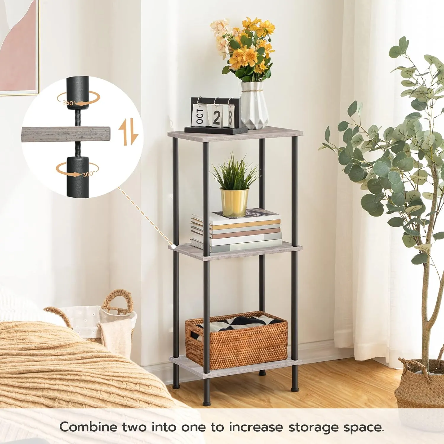 HOOBRO End Table, Small Side Table, Nightstand with 2-Layer Storage Shelves, Sofa Table for Small Spaces, Living Room, Bedroom, Stable Frame, Easy Assembly, Greige and Black BG09BZ01