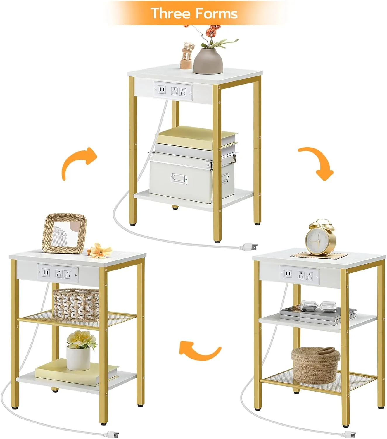 HOOBRO End Table with Charging Station and USB Ports, 3-Tier Nightstand with Adjustable Shelves, Small Side Table for Small Space in Living Room, Bedroom and Balcony, White and Gold DW112BZ01G1