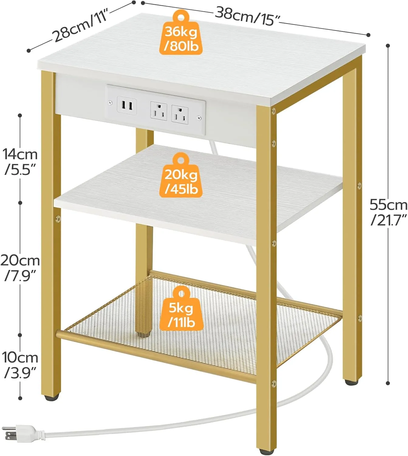 HOOBRO End Table with Charging Station and USB Ports, 3-Tier Nightstand with Adjustable Shelves, Small Side Table for Small Space in Living Room, Bedroom and Balcony, White and Gold DW112BZ01G1
