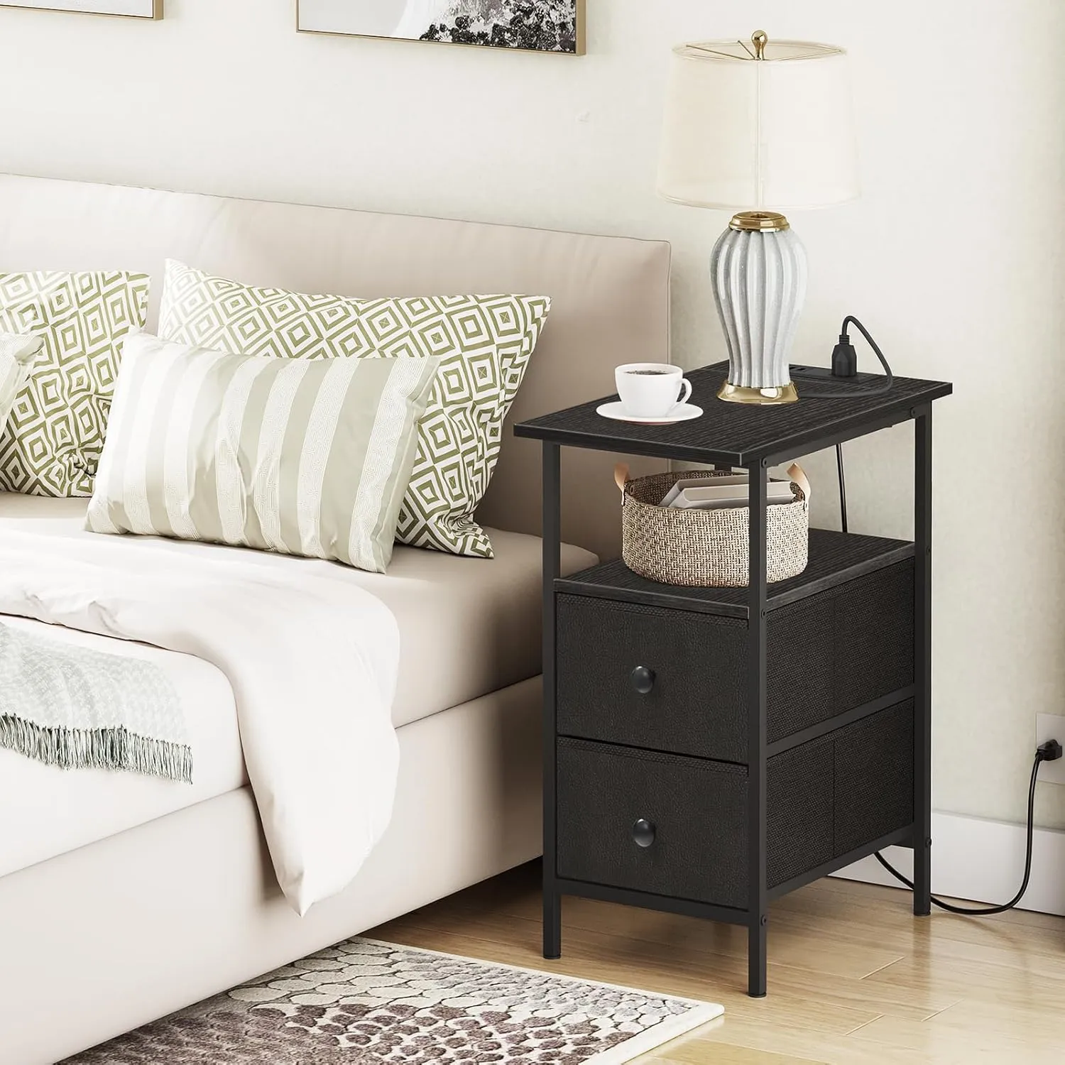 HOOBRO End Table with Charging Station, Narrow Side Table, Nightstand with 2 Non-Woven Drawers, Slim Sofa Side Table, for Small Spaces, Living Room, Bedroom, Black BB486UBZ01
