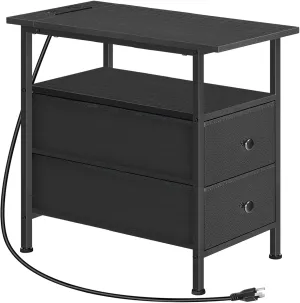 HOOBRO End Table with Charging Station, Narrow Side Table, Nightstand with 2 Non-Woven Drawers, Slim Sofa Side Table, for Small Spaces, Living Room, Bedroom, Black BB486UBZ01