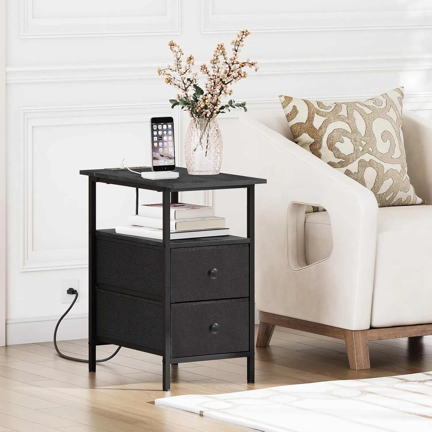 HOOBRO End Table with Charging Station, Narrow Side Table, Nightstand with 2 Non-Woven Drawers, Slim Sofa Side Table, for Small Spaces, Living Room, Bedroom, Black BB486UBZ01