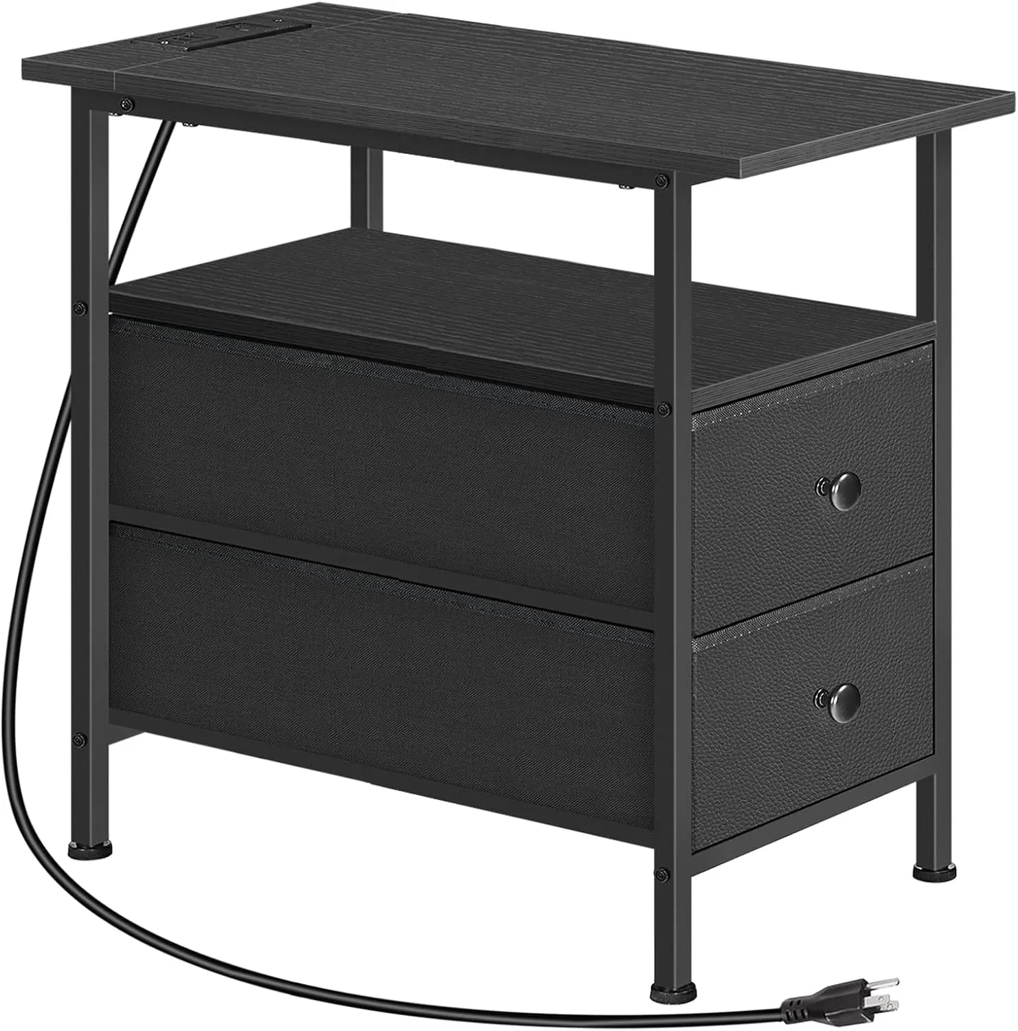 HOOBRO End Table with Charging Station, Narrow Side Table, Nightstand with 2 Non-Woven Drawers, Slim Sofa Side Table, for Small Spaces, Living Room, Bedroom, Black BB486UBZ01