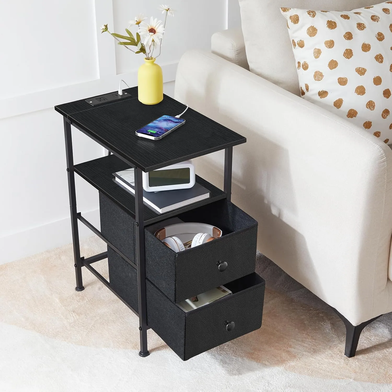 HOOBRO End Table with Charging Station, Narrow Side Table, Nightstand with 2 Non-Woven Drawers, Slim Sofa Side Table, for Small Spaces, Living Room, Bedroom, Black BB486UBZ01