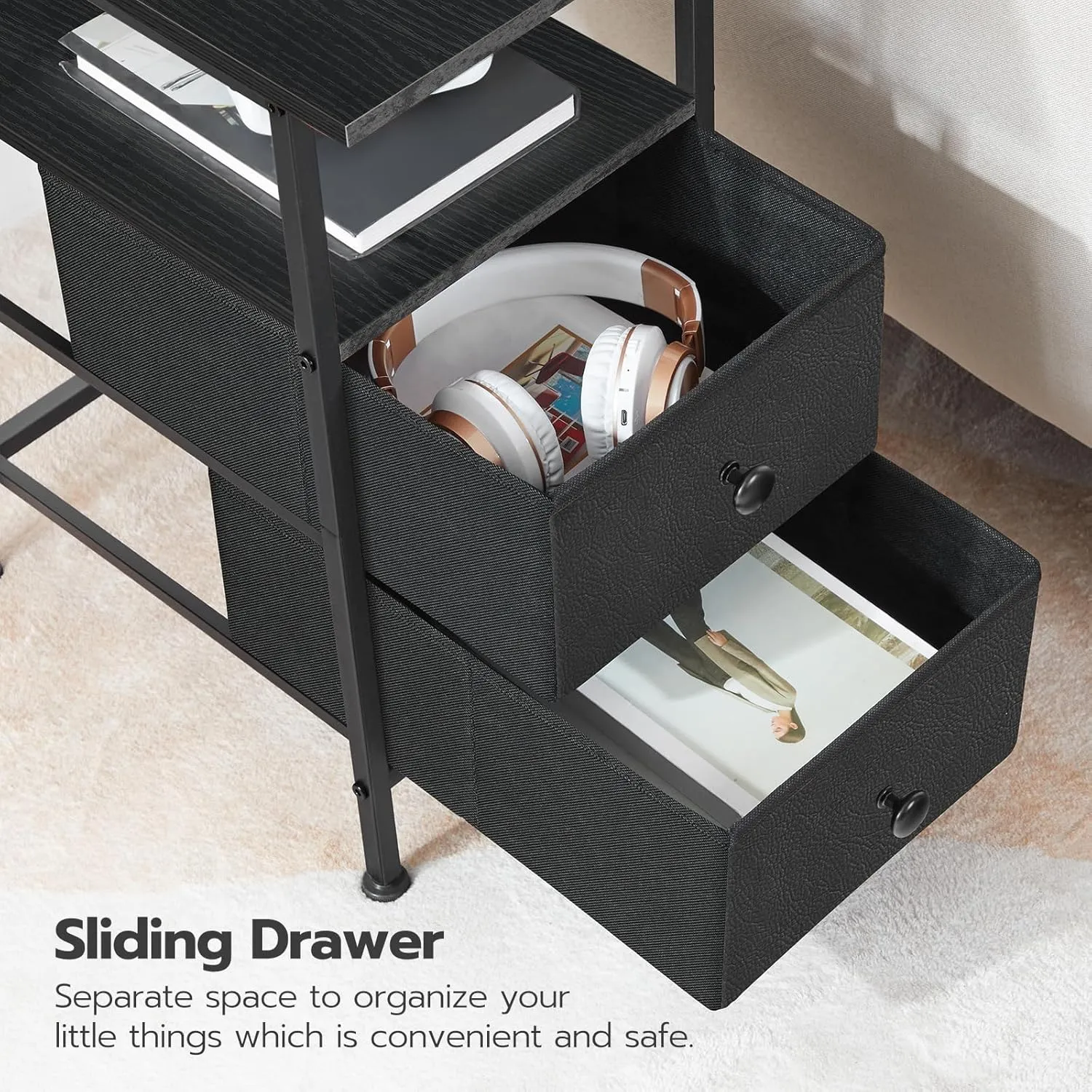 HOOBRO End Table with Charging Station, Narrow Side Table, Nightstand with 2 Non-Woven Drawers, Slim Sofa Side Table, for Small Spaces, Living Room, Bedroom, Black BB486UBZ01