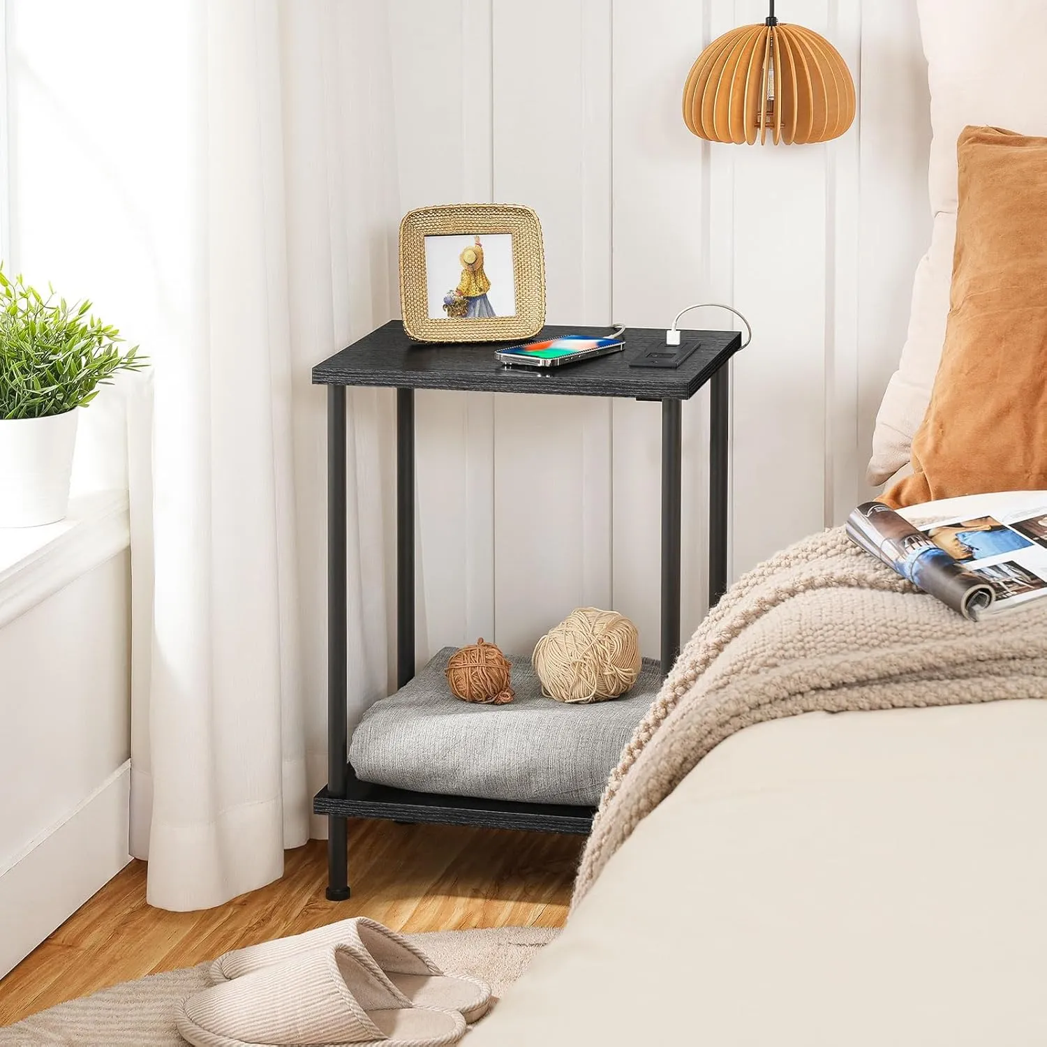 HOOBRO Side Table with Charging Station, End Table with USB Ports and Outlets, Nightstand with 2-Layer Storage Shelves for Small Spaces, Living Room, Bedroom, Black BK09UBZ01