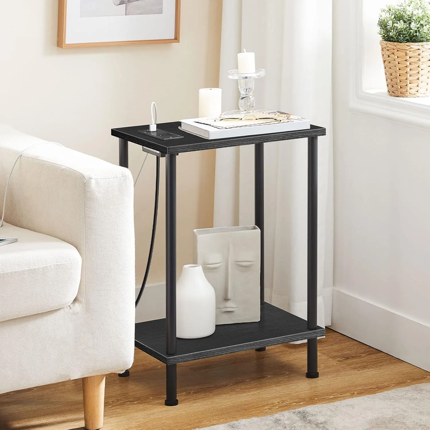 HOOBRO Side Table with Charging Station, End Table with USB Ports and Outlets, Nightstand with 2-Layer Storage Shelves for Small Spaces, Living Room, Bedroom, Black BK09UBZ01