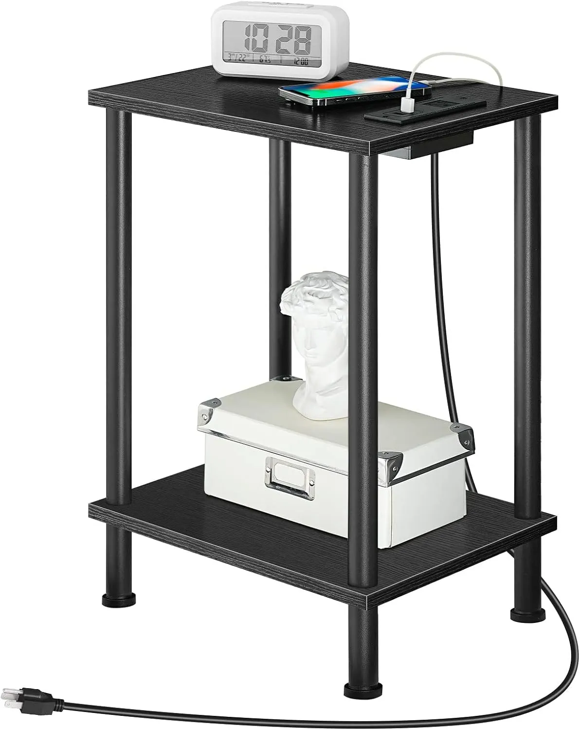 HOOBRO Side Table with Charging Station, End Table with USB Ports and Outlets, Nightstand with 2-Layer Storage Shelves for Small Spaces, Living Room, Bedroom, Black BK09UBZ01