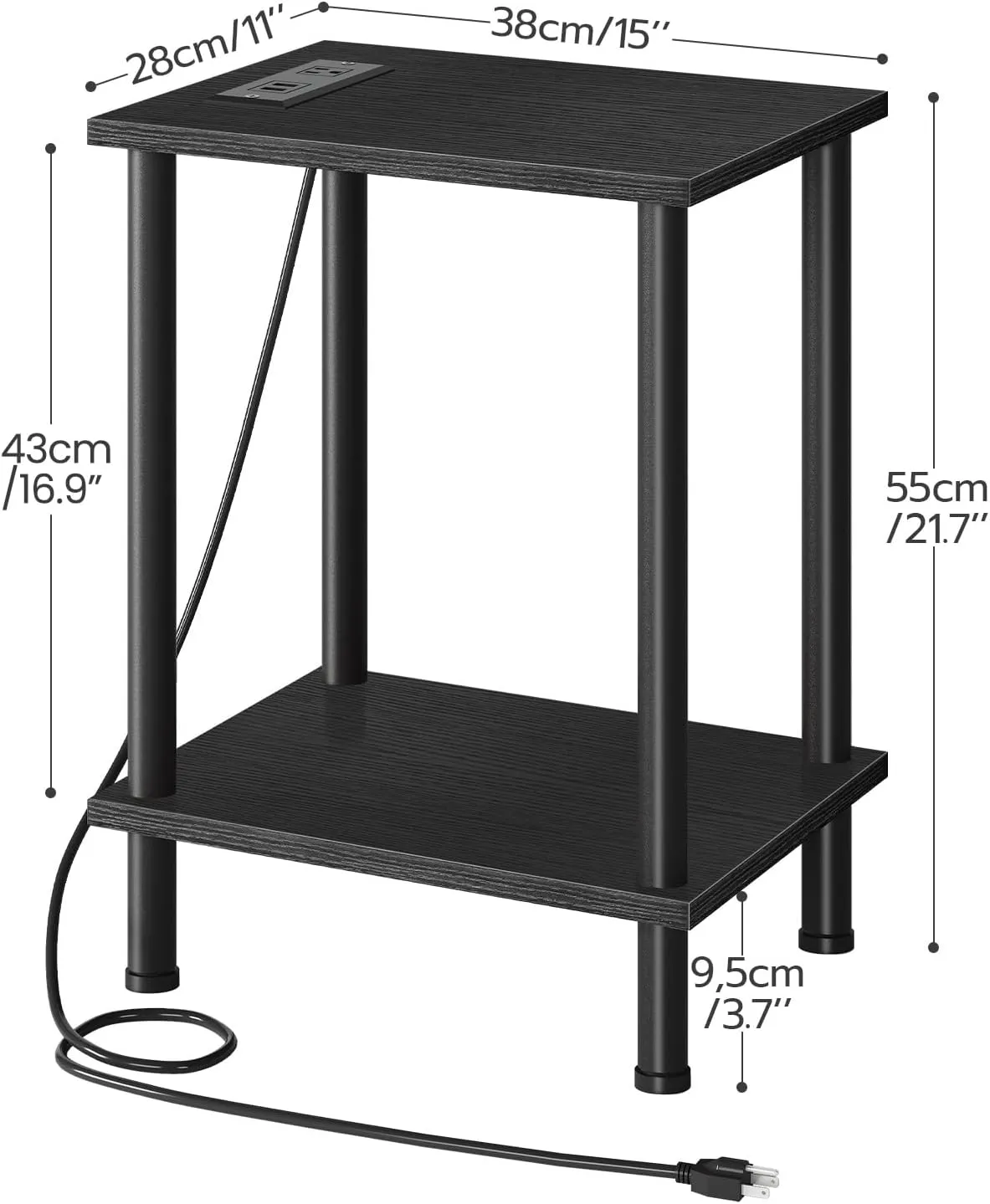 HOOBRO Side Table with Charging Station, End Table with USB Ports and Outlets, Nightstand with 2-Layer Storage Shelves for Small Spaces, Living Room, Bedroom, Black BK09UBZ01