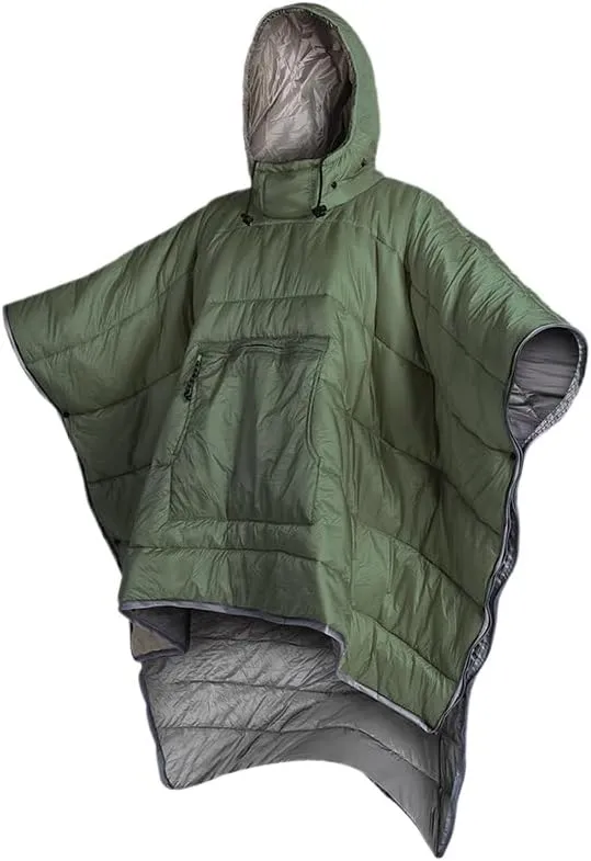 Hooded Wearable Cloak Adult Warm Camping Blanket Wearable Poncho Ultra-Light Cotton Thickened Dirty Sleeping Bag (Army Green)
