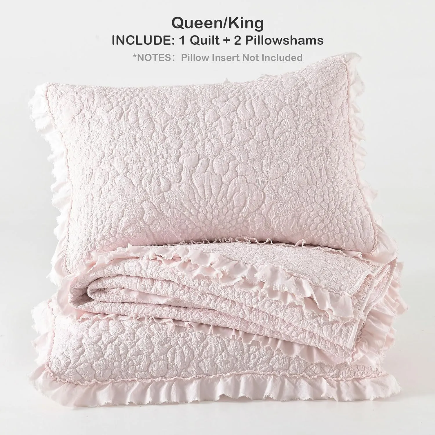HORIMOTE HOME Pink Ruffled Quilt Queen Size, Stone-Washed Microfiber Lightweight Crinkled Farmhouse Rustic Shabby Chic Bedding Set, 3 Pieces Reversible Bedspread with Pillow Shams for All Season
