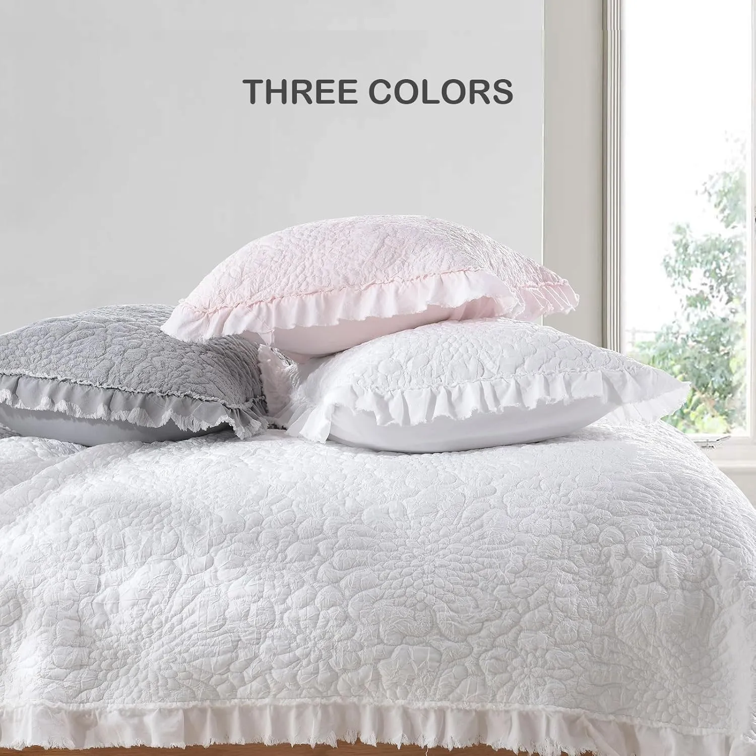 HORIMOTE HOME Pink Ruffled Quilt Queen Size, Stone-Washed Microfiber Lightweight Crinkled Farmhouse Rustic Shabby Chic Bedding Set, 3 Pieces Reversible Bedspread with Pillow Shams for All Season
