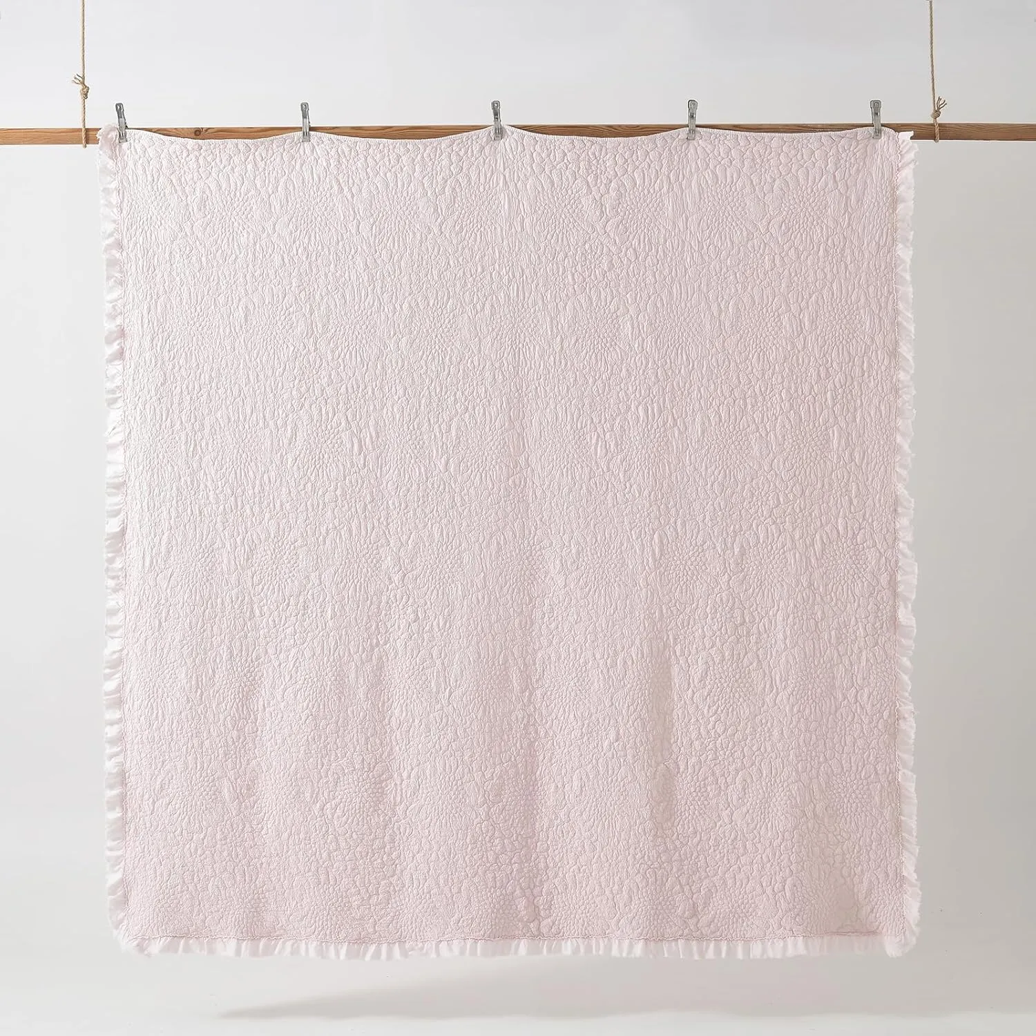HORIMOTE HOME Pink Ruffled Quilt Queen Size, Stone-Washed Microfiber Lightweight Crinkled Farmhouse Rustic Shabby Chic Bedding Set, 3 Pieces Reversible Bedspread with Pillow Shams for All Season
