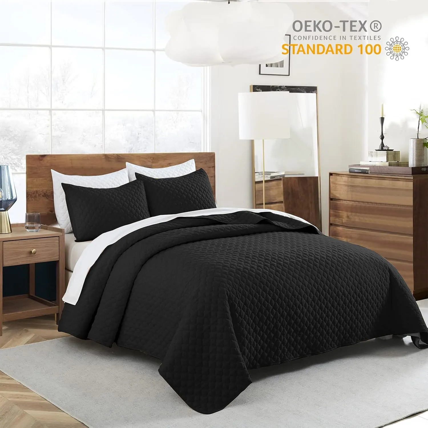 HORIMOTE HOME Quilt Set Queen Size, Black Bedspread with Clouds Pattern, Soft Coverlet Set Lightweight Microfiber Quilted Bedspread for All Season, Includes 1 Quilt and 2 Pillow Shams