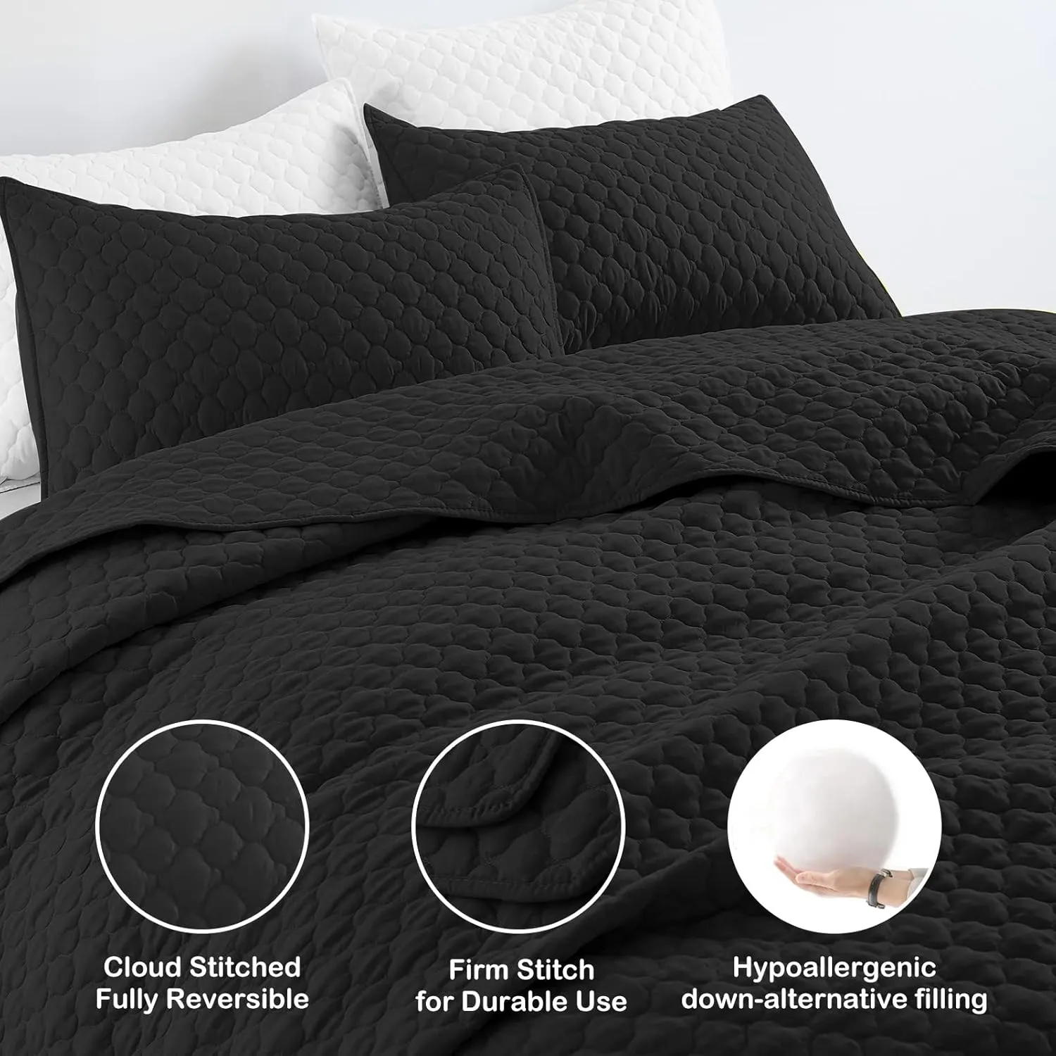 HORIMOTE HOME Quilt Set Queen Size, Black Bedspread with Clouds Pattern, Soft Coverlet Set Lightweight Microfiber Quilted Bedspread for All Season, Includes 1 Quilt and 2 Pillow Shams