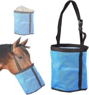 Horse Feed Bag for Grain, Hay Storage Mesh Net, Adjustable Neck and Nose Pad for Horse Donkey Goat Camping Trips (Blue)