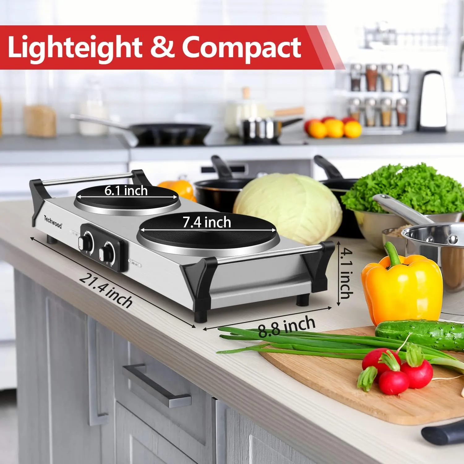 Hot Plate, Techwood 1800W Portable Electric Stove for Cooking Countertop Dual Burners with Adjustable Temperature & Handles, 7.5” Cooktop for Home/RV/Camp, Compatible for All Cookwares, Silver