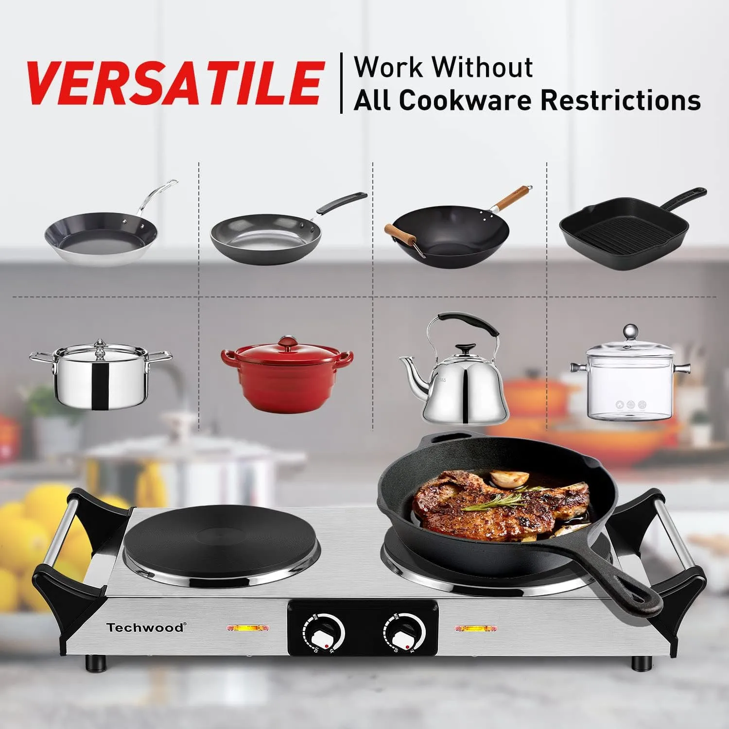 Hot Plate, Techwood 1800W Portable Electric Stove for Cooking Countertop Dual Burners with Adjustable Temperature & Handles, 7.5” Cooktop for Home/RV/Camp, Compatible for All Cookwares, Silver