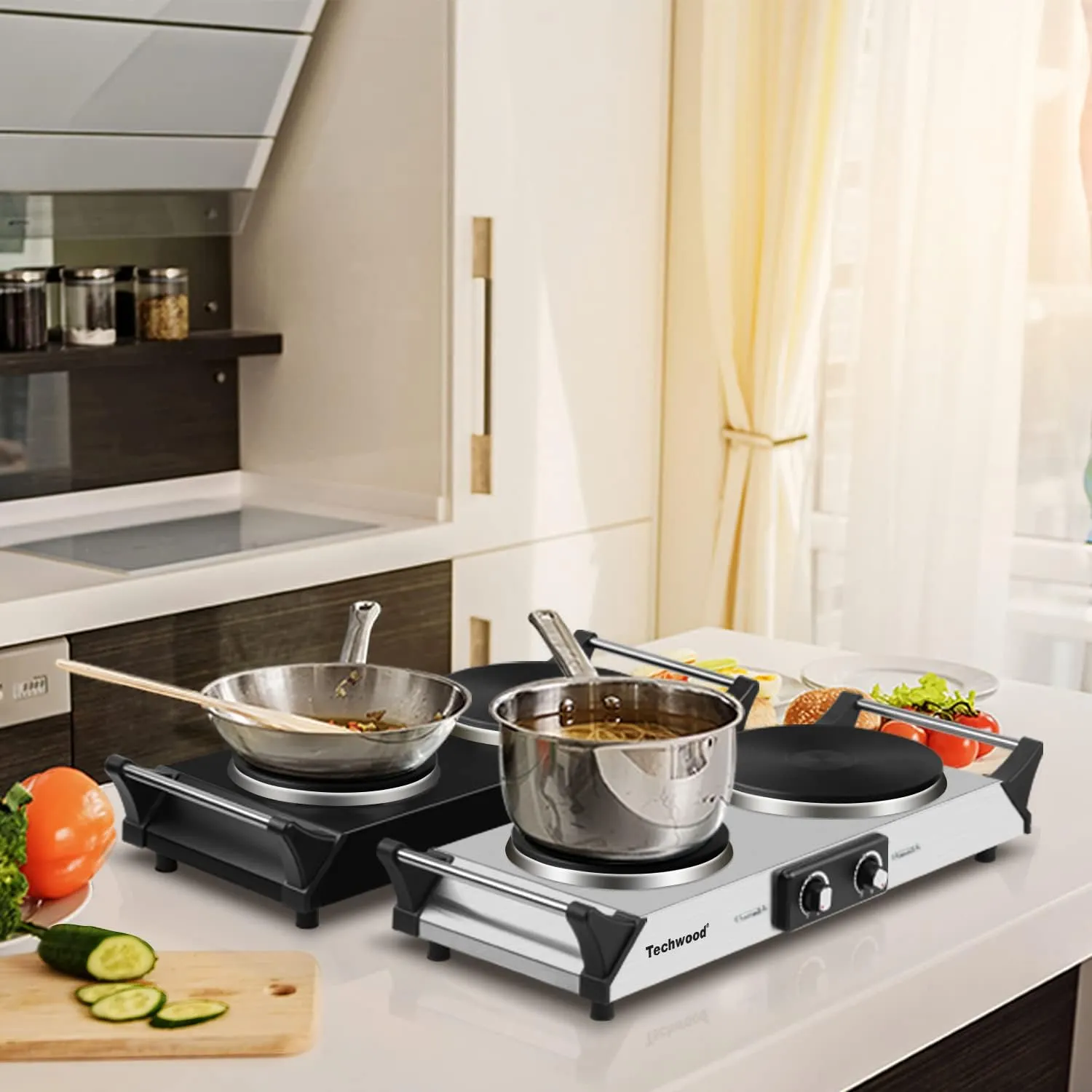 Hot Plate, Techwood 1800W Portable Electric Stove for Cooking Countertop Dual Burners with Adjustable Temperature & Handles, 7.5” Cooktop for Home/RV/Camp, Compatible for All Cookwares, Silver