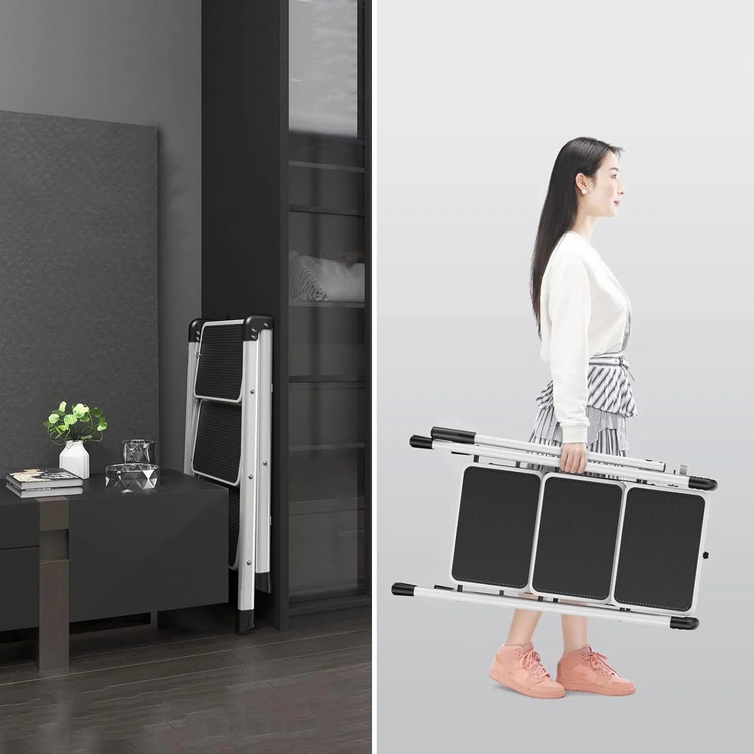 Household Multi-Function Herringbone Ladder with Retractable armrest Thickened Stair Chair Folding with Non-Slip Foot Flower Stand (Color : White, Size : 5 Steps)