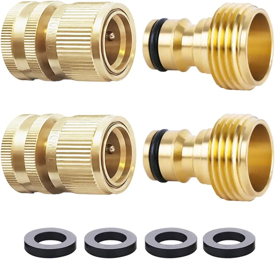HQMPC Garden Hose Quick Connect Solid Brass Quick Connector Garden Hose Fitting Water Hose Connectors Garden Hose Disconnect 3/4 inch GHT (2Sets) (2Female 2Male)