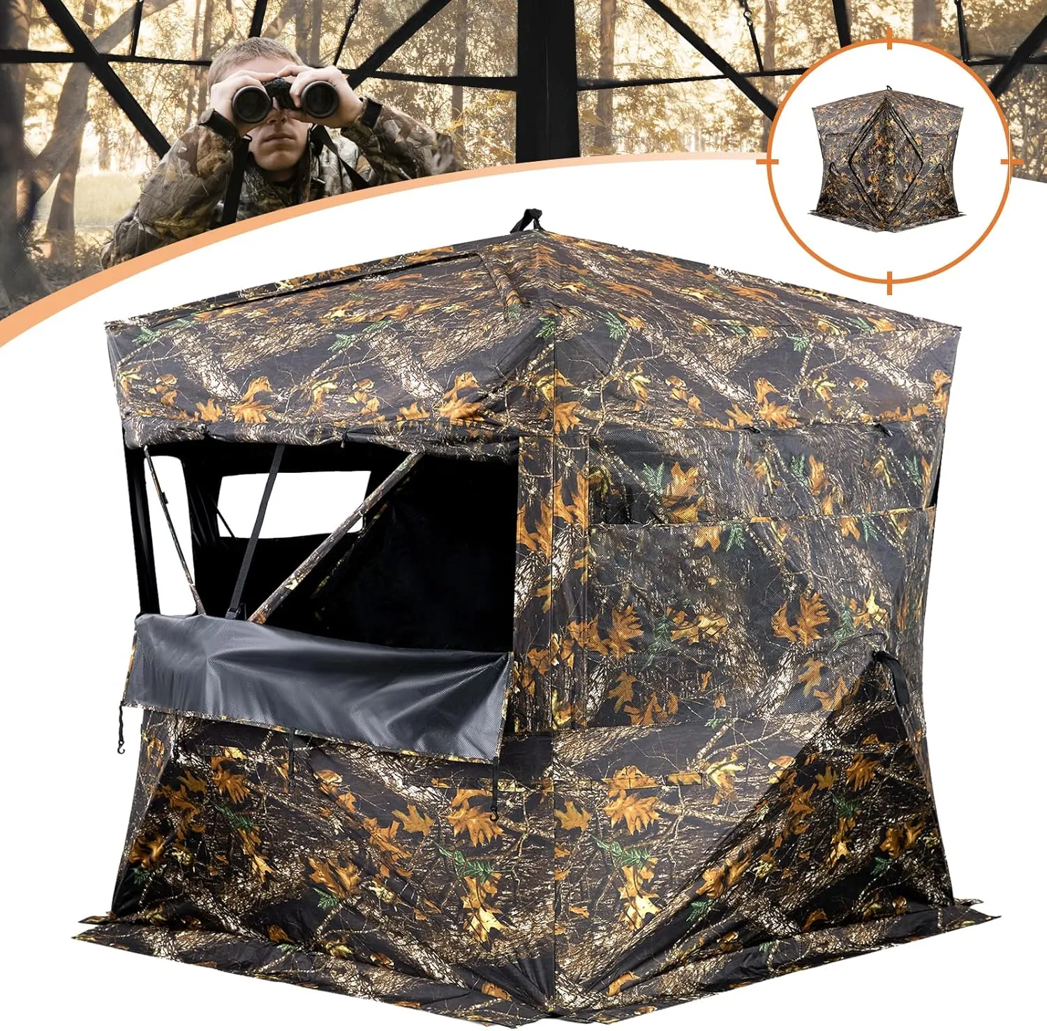 Hunting Blind, See Through Ground Blinds for Deer Hunting 2-3 Person Pop Up Tent Duck Blind for Bow Hunting 270°, Portable Durable Deer Blind for Hog Turkey Moose Hunting