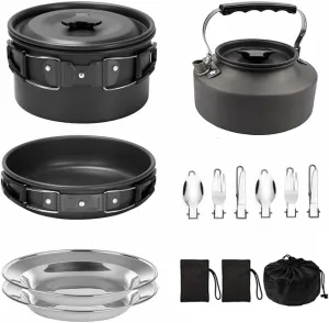 HXBER Camping Cookware Set Non-Stick Lightweight Pot Pan Kettle Set with Stainless Steel Plates and Utensils for Outdoors Cooking Camping Hiking Picnic Backpacking