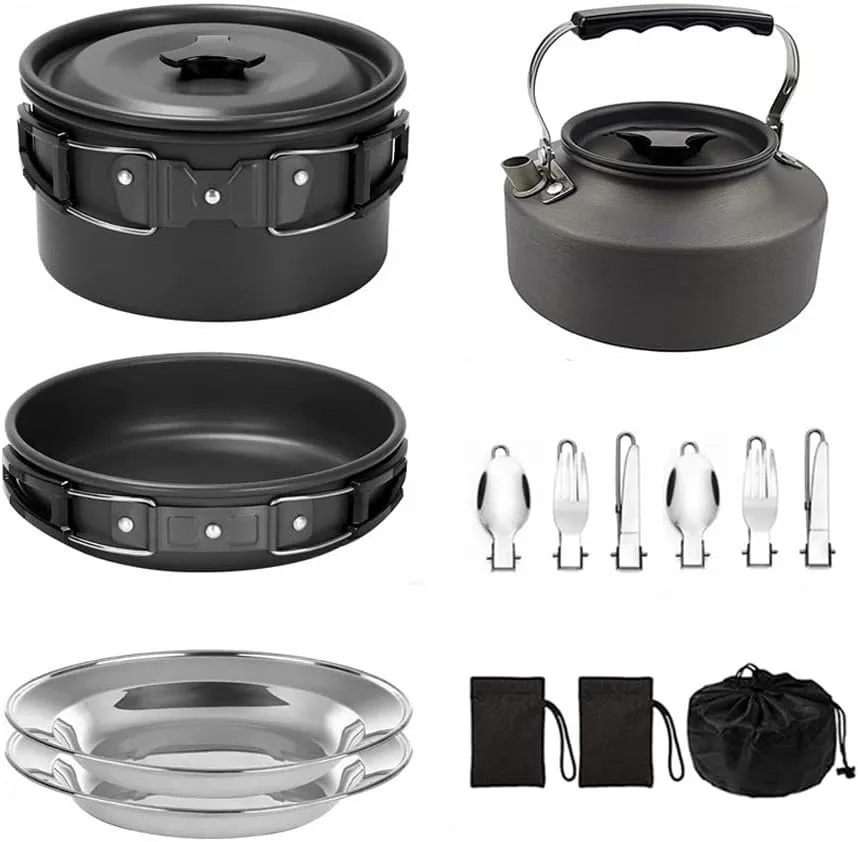 HXBER Camping Cookware Set Non-Stick Lightweight Pot Pan Kettle Set with Stainless Steel Plates and Utensils for Outdoors Cooking Camping Hiking Picnic Backpacking