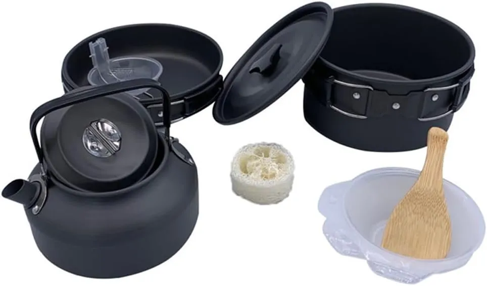 HXBER Camping Hiking Cookware Set Outdoor Portable Picnic Cookware Kit Alumina Pot Frying Pan Set Travel Cooking Accessory