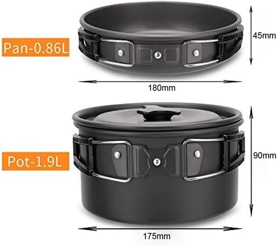 HXBER Camping Hiking Cookware Set Outdoor Portable Picnic Cookware Kit Alumina Pot Frying Pan Set Travel Cooking Accessory