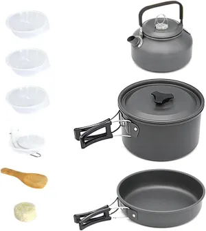 HXBER Camping Hiking Cookware Set Outdoor Portable Picnic Cookware Kit Alumina Pot Frying Pan Set Travel Cooking Accessory