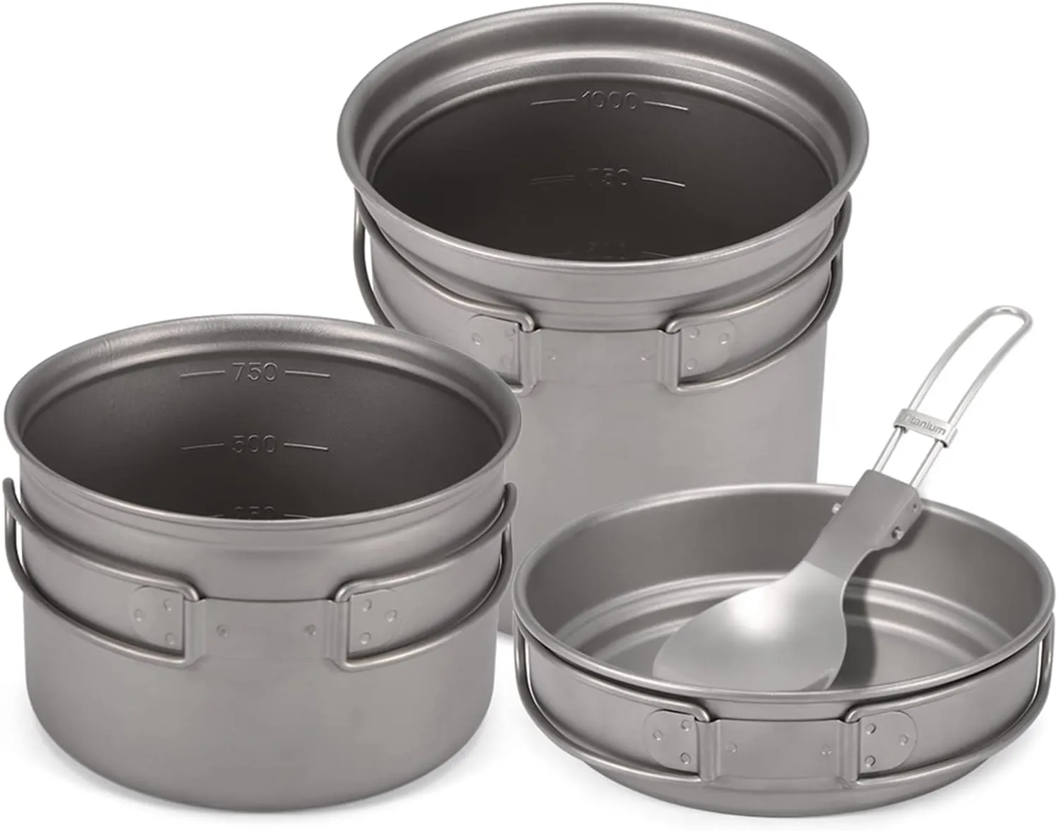HXBER Camping Titanium Cookware Set 1000ml 750ml Pot Pan Spoon Set for Outdoor Camping Hiking Backpacking Picnic Cooking Equipment