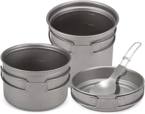 HXBER Camping Titanium Cookware Set 1000ml 750ml Pot Pan Spoon Set for Outdoor Camping Hiking Backpacking Picnic Cooking Equipment