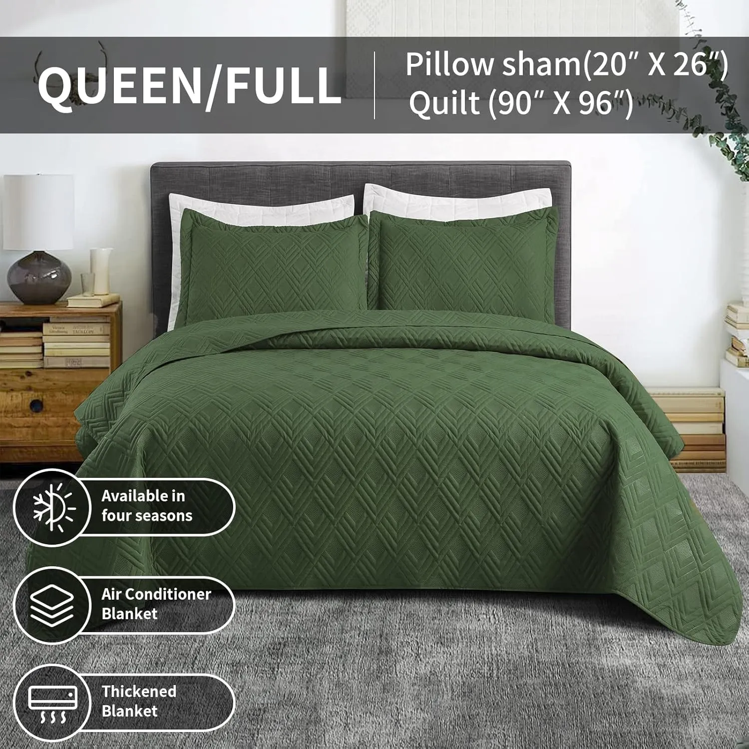 Hygge Hush Summer Quilt Set, Full Queen Size Olive Green L Pattern 3 Pieces Quilt Set, Oversized Modern Style Bedspread Set for All Season (1 Quilt & 2 Pillow Shams)