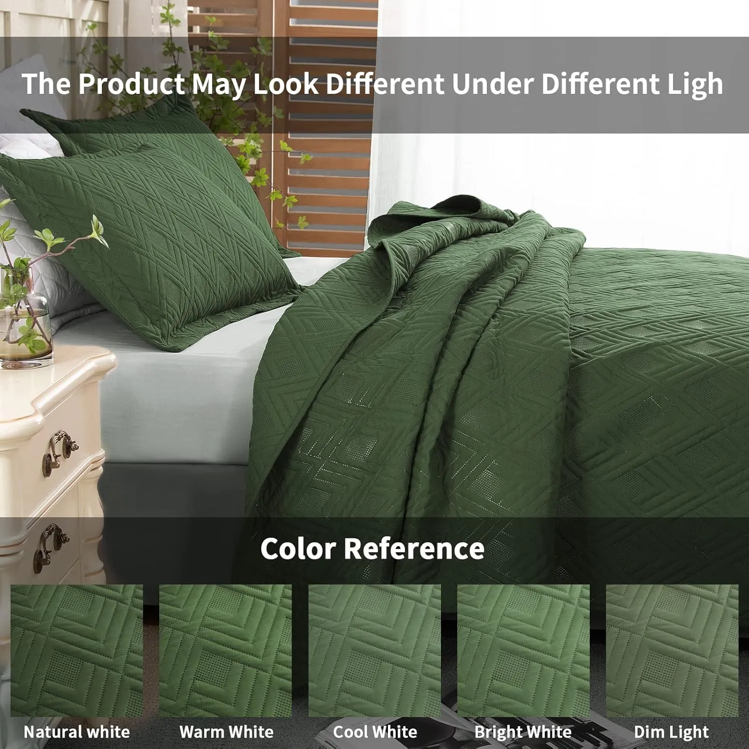 Hygge Hush Summer Quilt Set, Full Queen Size Olive Green L Pattern 3 Pieces Quilt Set, Oversized Modern Style Bedspread Set for All Season (1 Quilt & 2 Pillow Shams)