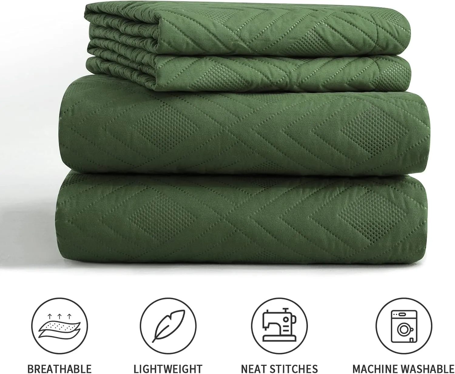 Hygge Hush Summer Quilt Set, Full Queen Size Olive Green L Pattern 3 Pieces Quilt Set, Oversized Modern Style Bedspread Set for All Season (1 Quilt & 2 Pillow Shams)