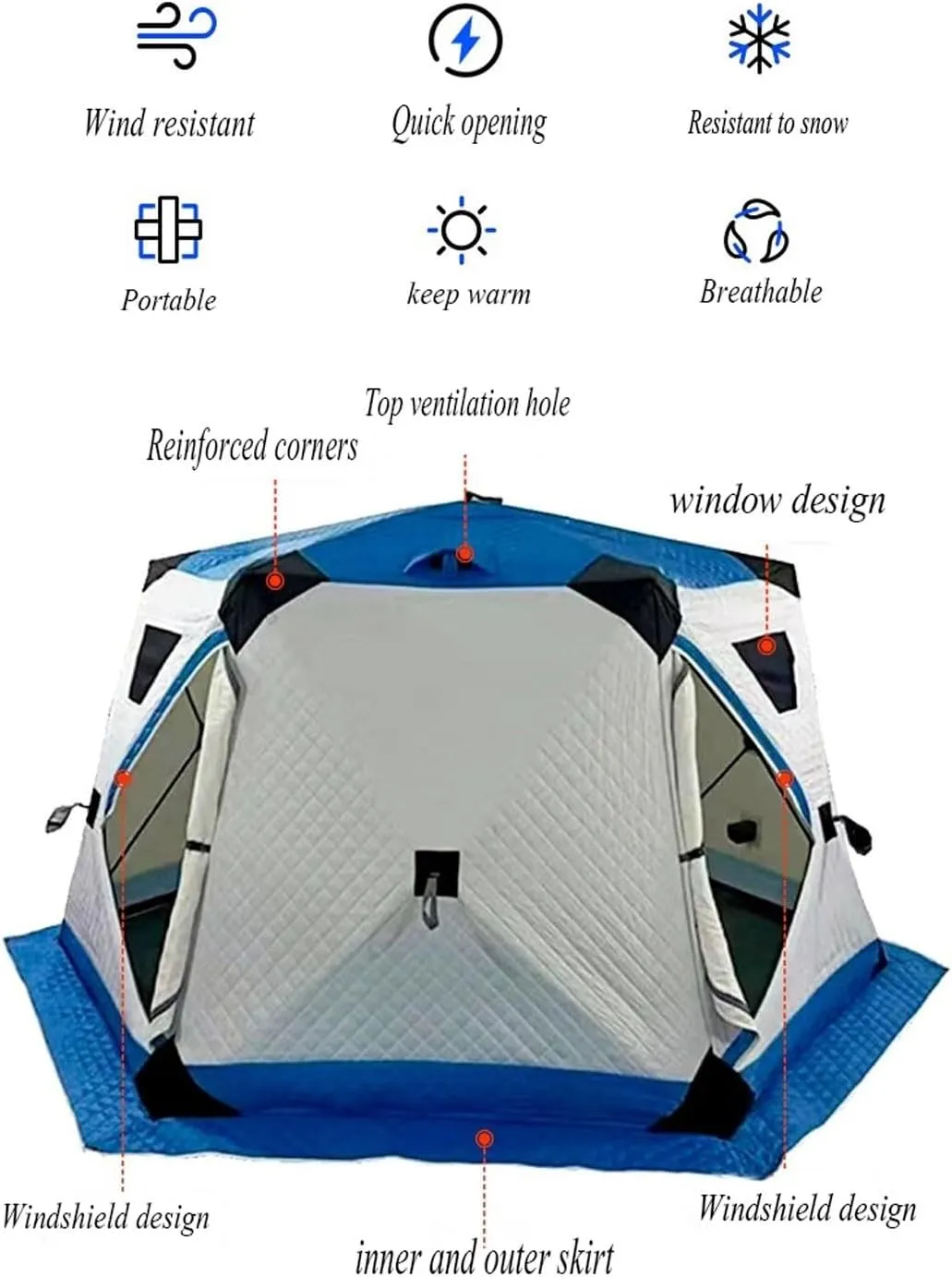ice Fishing Tent ice Fishing shelter Insulated Hexagonal Winter Fishing Tent, Thickened to Keep Warm, Cold and Rainproof, with Firewood Heater and Chimney Opening(Color:3)
