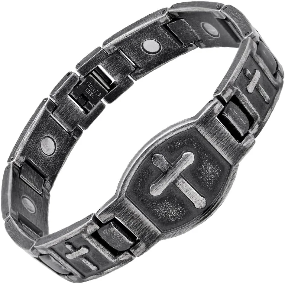 iHeartDogs The Hero Company Magnetic Bracelet for Men - 'for The Fallen' Arlington Magnetic Stainless Steel Men's Cross Christian Bracelet