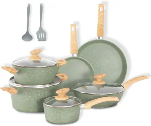 Induction Pots and Pans Set Non Stick, 12 Piece Nonstick Induction Granite Kitchen Cookware Sets, Induction Cookware Frying Pans and Saucepan Set, Nonstick Granite Cooking Set, Green
