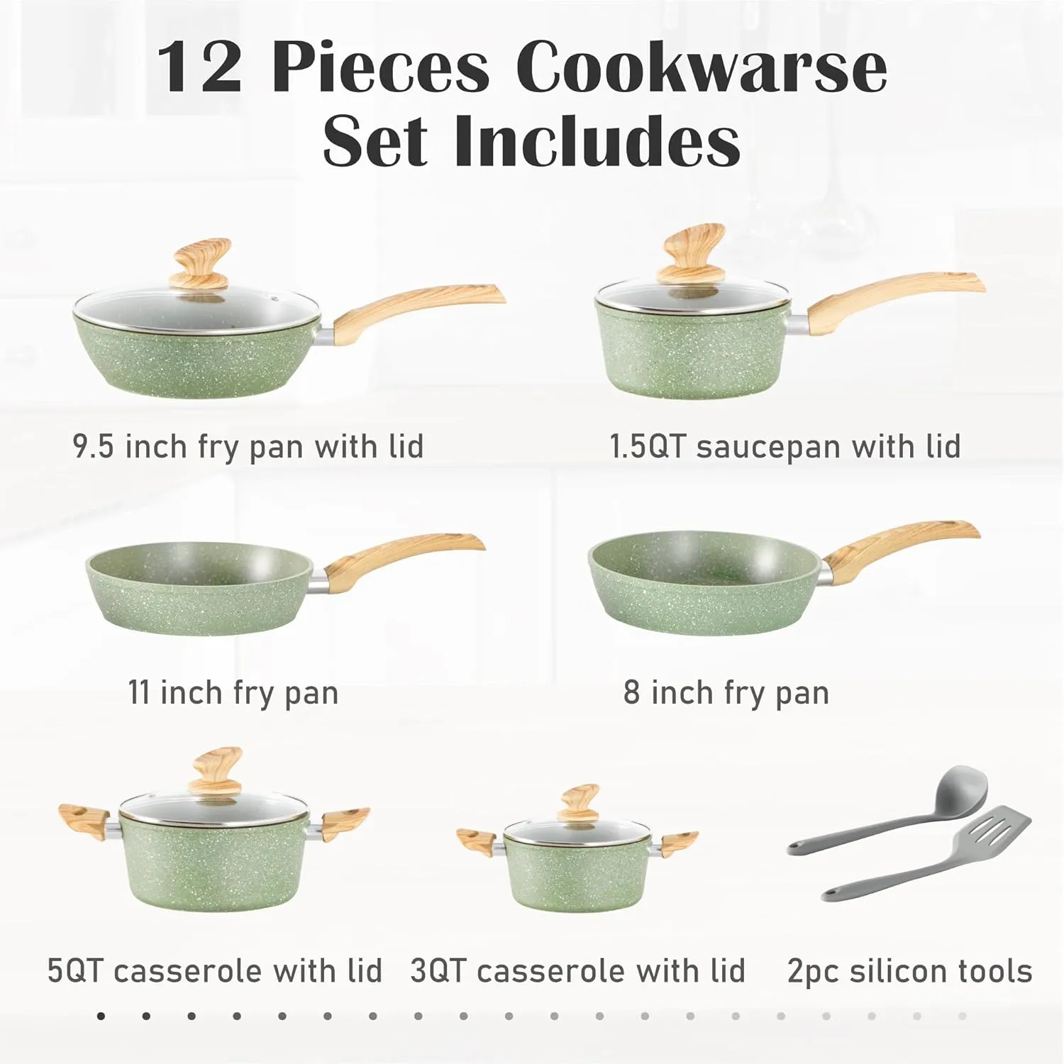 Induction Pots and Pans Set Non Stick, 12 Piece Nonstick Induction Granite Kitchen Cookware Sets, Induction Cookware Frying Pans and Saucepan Set, Nonstick Granite Cooking Set, Green