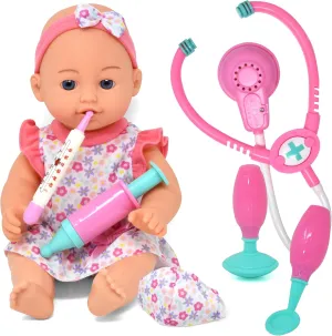 Interactive 12 Inch Baby Doll with Toy Doctor Accessories for Toddlers with Talking Stethoscope Role Play First Dr. Checkup Playset Thermometer Mask Needle Stick Hammer Pretend Play Medical Toy 4 kids